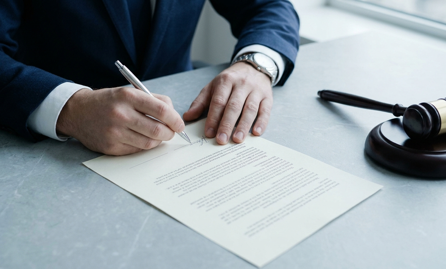 Professional signing legal documents for MotaWord certified legal translation services