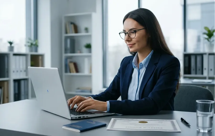 Woman using a laptop to access MotaWord online certified translation services for USCIS